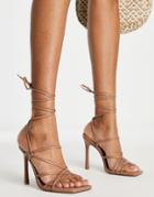 Asos Design Nobu Strappy Tie Leg Heeled Sandals In Beige-neutral