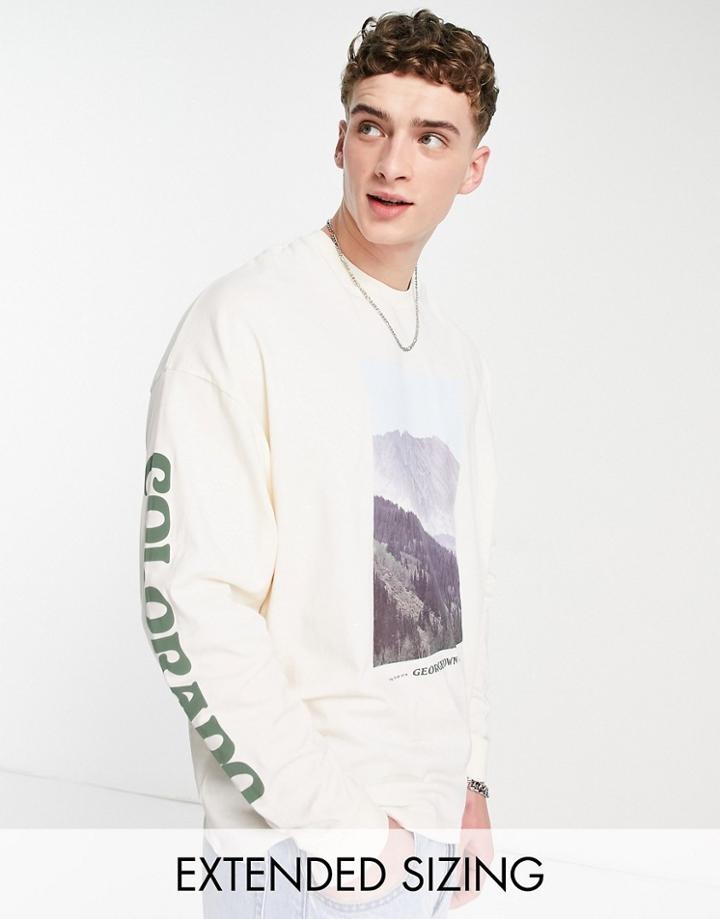 Asos Design Oversized Long Sleeve T-shirt In Off White With Outdoors Front & Sleeve Prints