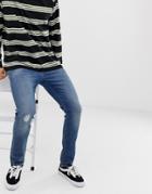 Asos Design 12oz Skinny Jeans In Mid Wash Blue Abrasions - Blue