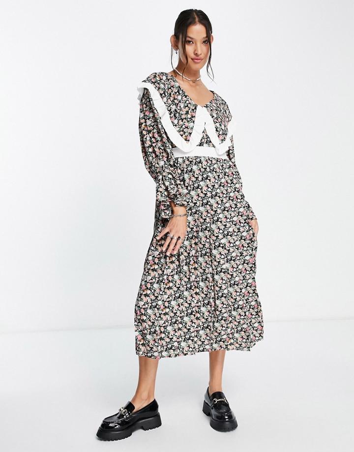 Sister Jane Midi Dress With Oversized Bib In Dark Floral-multi