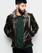 Schott Leather Bomber Jacket With Faux Fur Collar - Brown