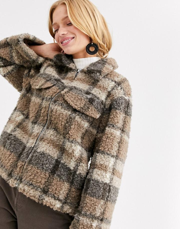 Monki Check Borg Jacket In Beige