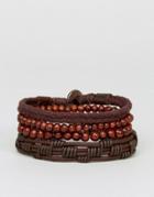 Asos Leather And Beaded Bracelet Pack In Chocolate - Brown