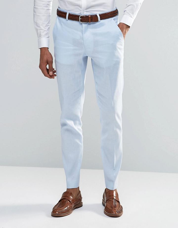 Asos Skinny Suit Pants In Linen Mix - Blue