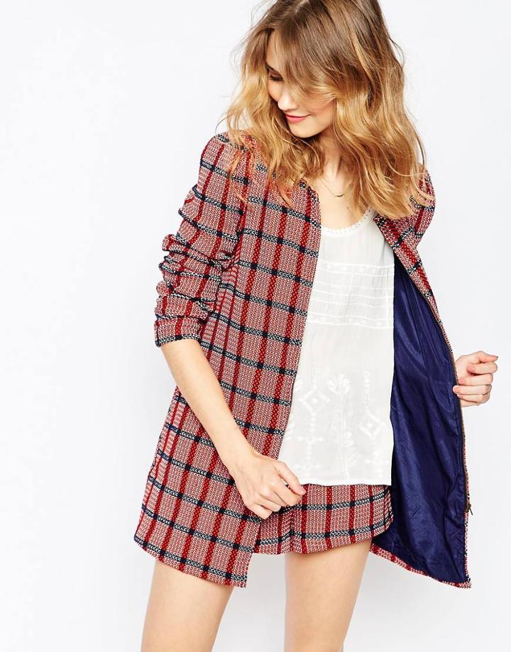 Harlyn Popply Plaid Puff Sleeve Collarless Jacket - Red