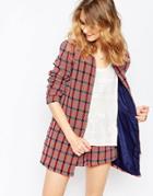 Harlyn Popply Plaid Puff Sleeve Collarless Jacket - Red