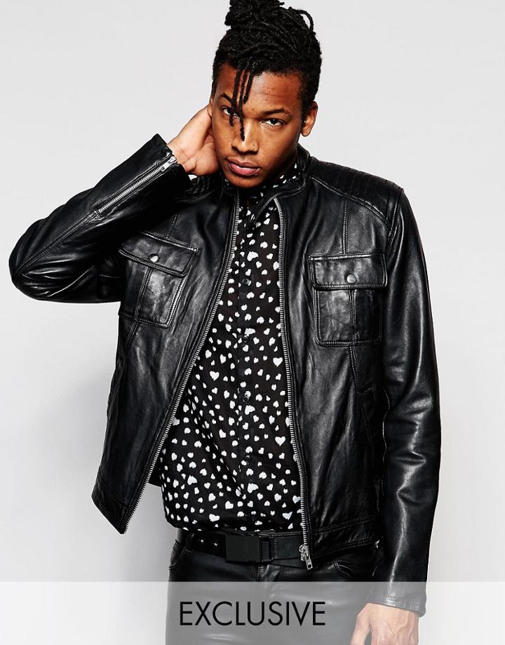 Black Dust Leather Biker Jacket With Pockets - Black
