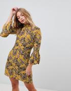 Parisian High Neck Floral Dress With Flare Sleeve - Yellow