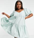 Asos Design Curve Cotton Tiered Mini Smock Dress In Light Green