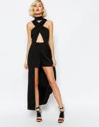 Lavish Alice High Neck Cut-out Detail Maxi Overlay Romper - Black