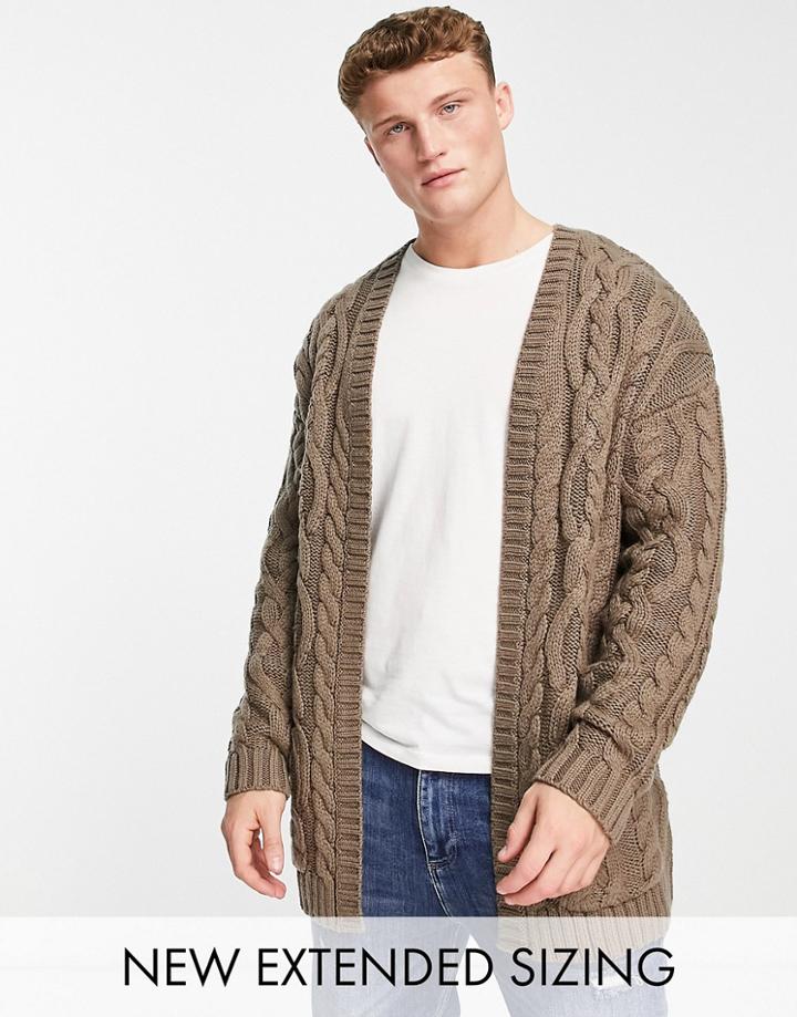 Asos Design Heavyweight Cable Knit Cardigan In Putty-neutral