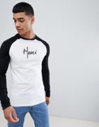 Asos Design Muscle Long Sleeve Raglan T-with French Slogan Print - White