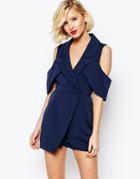 Lavish Alice Open Sleeve Deep Plunge Tailored Romper - Navy