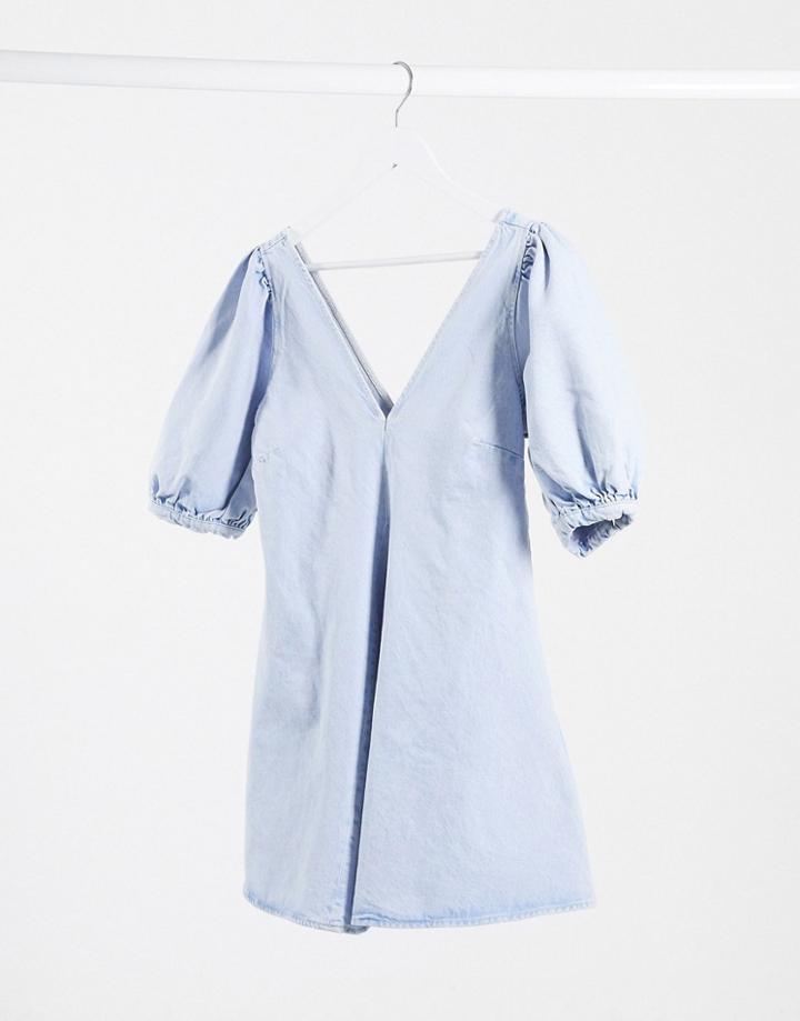 Asos Design Denim Puff Sleeve Mini Skater Dress In Blue-blues