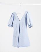 Asos Design Denim Puff Sleeve Mini Skater Dress In Blue-blues