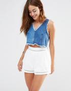 Missguided V Neck Frayed Denim Crop Top - Stonewash