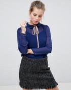 Traffic People High Neck Blouse With Tie Front - Navy