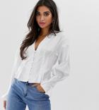 Asos Design Petite Oversized Blouse In Cotton With Button Through And Long Sleeves-white