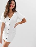 Asos Design Seamed Mini Dress With Puff Sleeves And Contrast Buttons-white