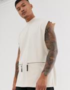 Asos Design Oversized Sleeveless T-shirt In Heavyweight Jersey With Turtleneck And Utility Zip Pockets - Beige