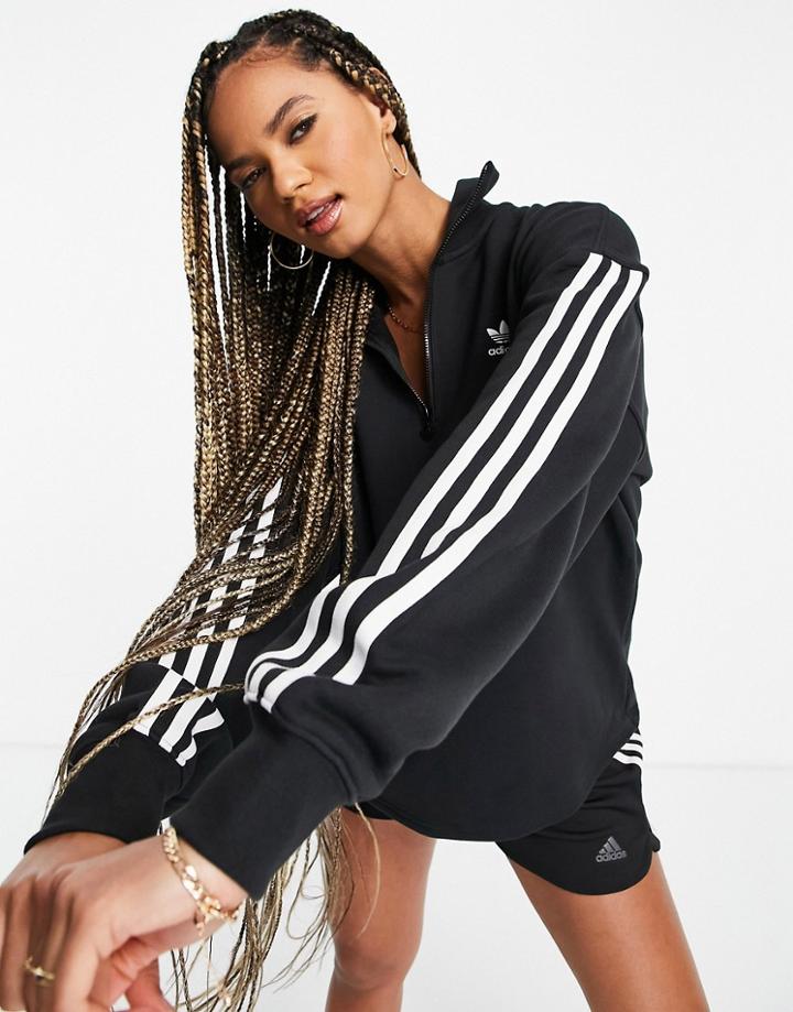 Adidas Originals Adicolor Three Stripe Quarter Zip Sweatshirt In Black