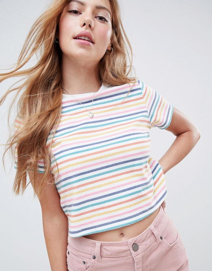Asos Design Towelling Crop T-shirt In Rainbow Stripe - Multi