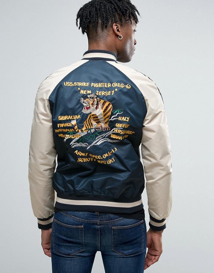 Schott Suka Souvenir Bomber Jacket Back Embroidery In Navy/off White - Navy