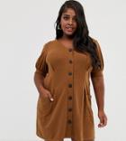 Asos Design Curve Puff Sleeve Textured Dress With Faux Horn Buttons - Brown