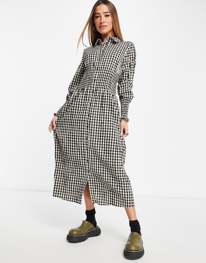 Vila Midi Shirt Dress With Shirred Waist In Check-multi
