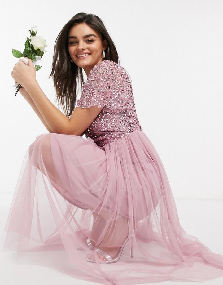 Maya Bridesmaid Wrap Front Delicate Sequin Midi Dress With Tulle Skirt In Pink