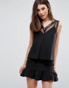 Asos Tank With Lace And Mesh Trim - Black