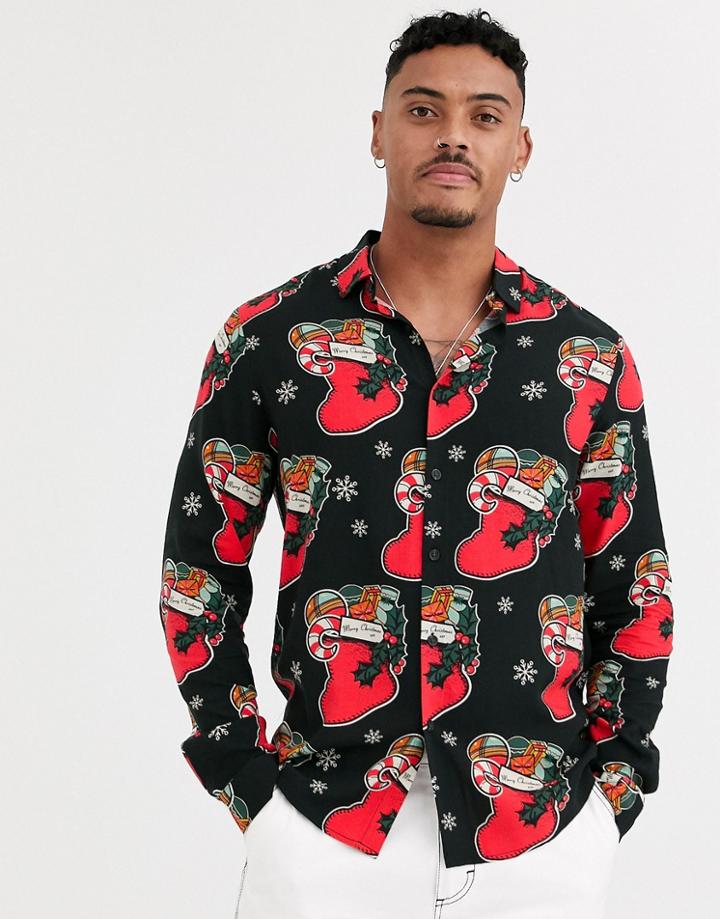 Asos Design Long Sleeve Regular Fit Shirt In Stocking Print-black