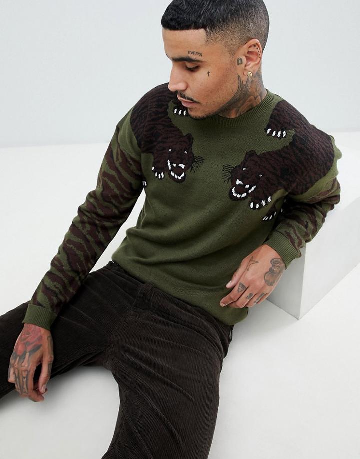 Asos Design Knitted Sweater With Tiger Design - Navy