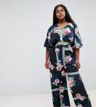 Asos Design Curve Jumpsuit With Cape Layer And Plunge Neck In Print - Multi