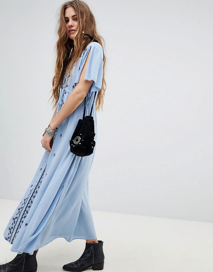 En Creme Plunge Front Maxi Dress With Embroidery - Blue