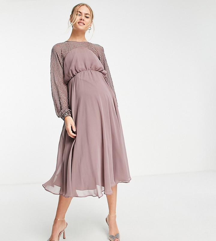 Asos Design Maternity Midi Dress With Linear Yoke Embellishment In Mauve-purple
