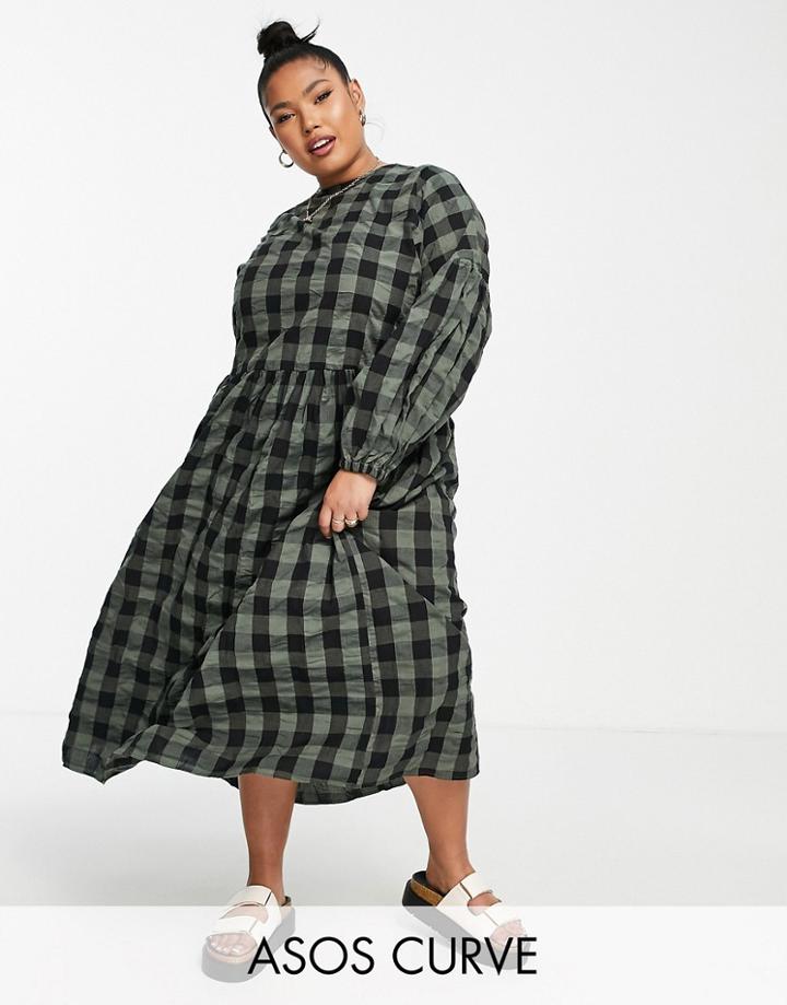 Asos Design Curve Dropped Shoulder Super Oversized Smock Midi Dress In Khaki Gingham-multi