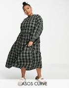 Asos Design Curve Dropped Shoulder Super Oversized Smock Midi Dress In Khaki Gingham-multi