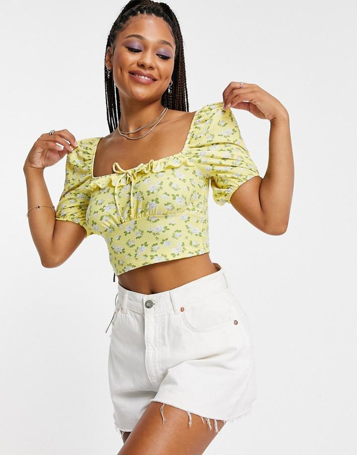 Miss Selfridge Yellow Ditsy Floral Ruffle Tie Front Jersey Top