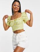 Miss Selfridge Yellow Ditsy Floral Ruffle Tie Front Jersey Top