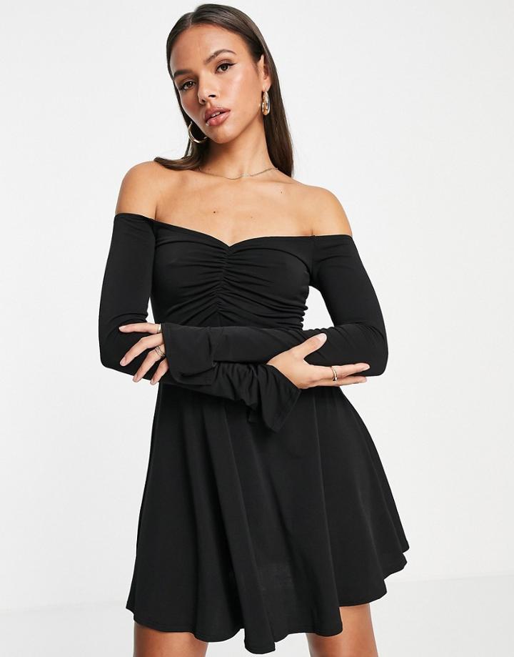 Flounce Bardot Ruched Skater Dress In Black