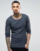 Asos Rib Extreme Muscle Long Sleeve T-shirt With Scoop Neck In Navy - Navy