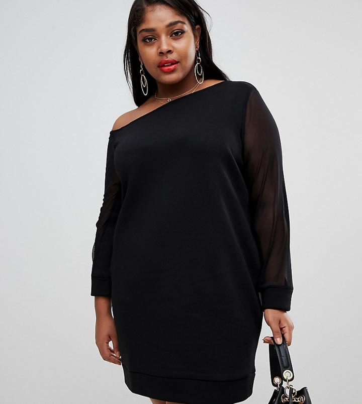 Asos Design Curve Off Shoulder Sweat Dress With Mesh Sleeve - Black