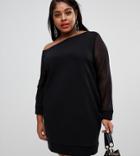 Asos Design Curve Off Shoulder Sweat Dress With Mesh Sleeve - Black