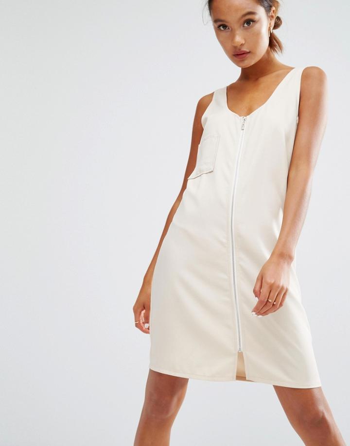 Daisy Street Mini Pinafore Dress With Zip Front - Stone