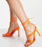 Asos Design Wide Fit Nest Strappy Tie Leg Heeled Sandals In Orange