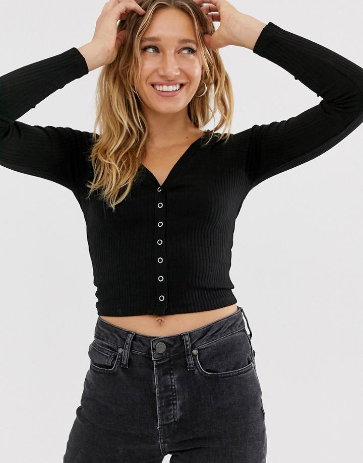 Monki Cropped V-neck Ribbed Top In Black