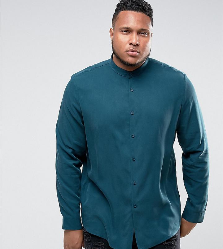 Asos Design Plus Regular Fit Tencel Shirt With Grandad Collar In Teal - Green