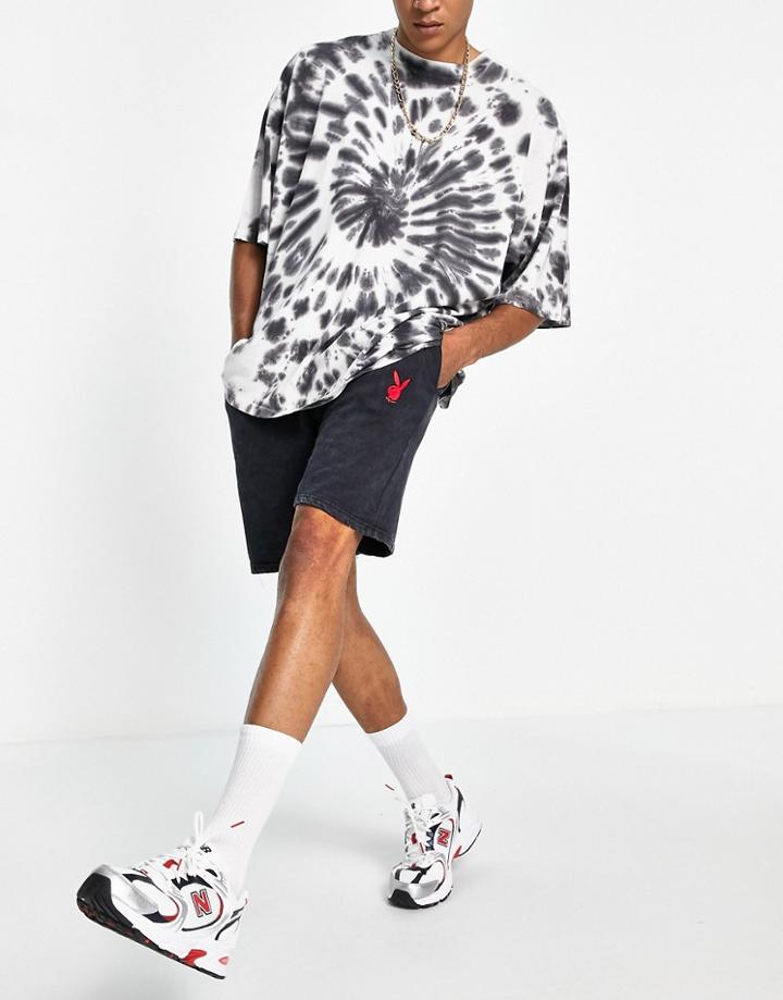 Mennace X Playboy Jersey Shorts In Washed Black With Embroided Logo