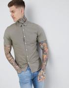 Asos Design Slim Oxford Shirt In Light Khaki With Short Sleeves - Green